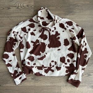 Simply Southern Cow Print Cowl Neck Waffle Sweater